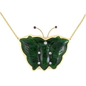 PLATINUM & 18K YELLOW GOLD VINTAGE JADEITE DIAMOND & RUBY PENDANT NECKLACE