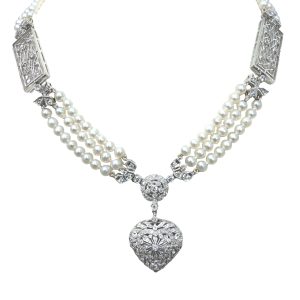 18K WHITE GOLD VINTAGE FILIGREE DIAMOND & PEARL NECKLACE