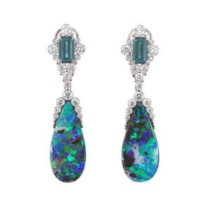 PLATINUM VINTAGE DIAMOND BLUE TOURMALINE & BOULDER OPAL DANGLE EARRINGS